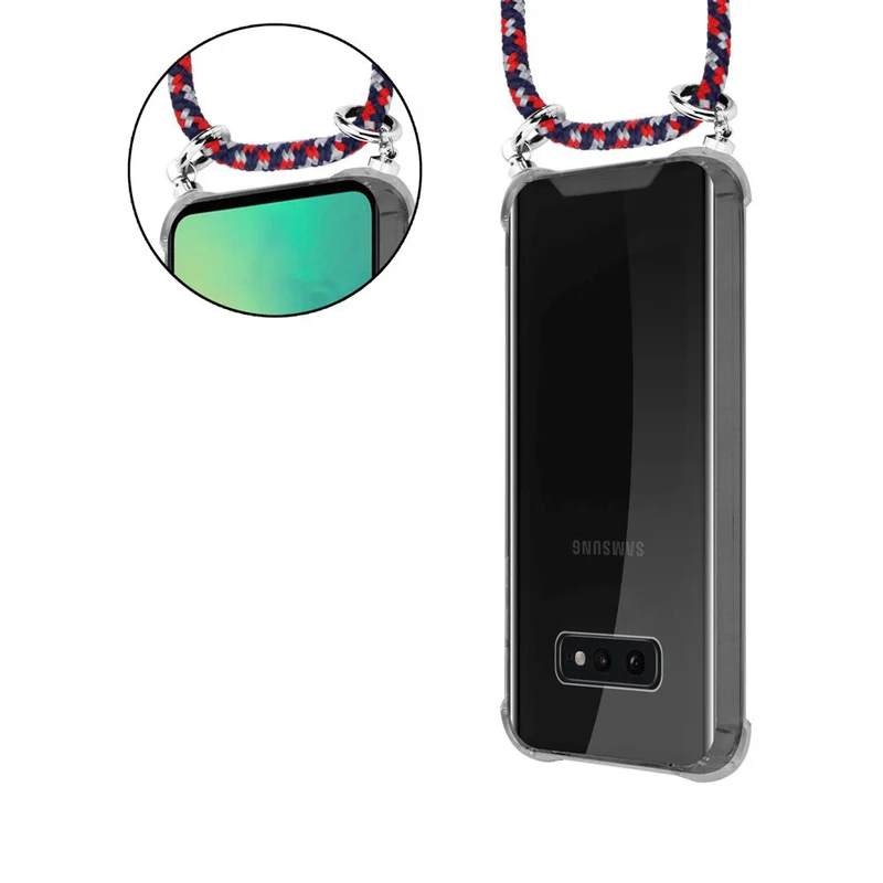 Cadorabo Handy Kette kompatibel mit Samsung Galaxy S10e Silikon Schutzhülle mit Silbernen Ringen, Kordel Band und abnehmbarem Etui