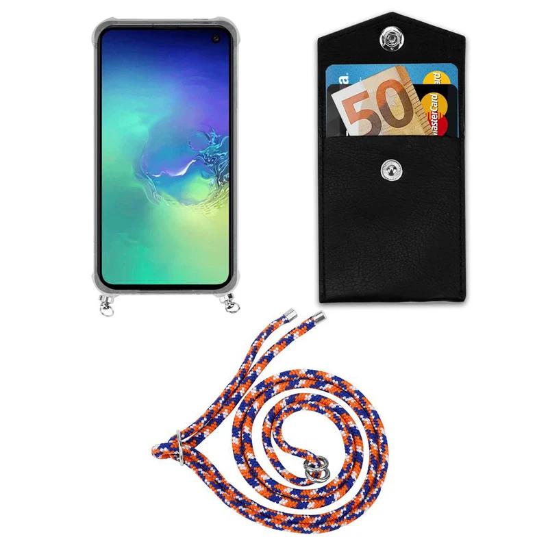 Cadorabo Handy Kette kompatibel mit Samsung Galaxy S10e Silikon Schutzhülle mit Silbernen Ringen, Kordel Band und abnehmbarem Etui