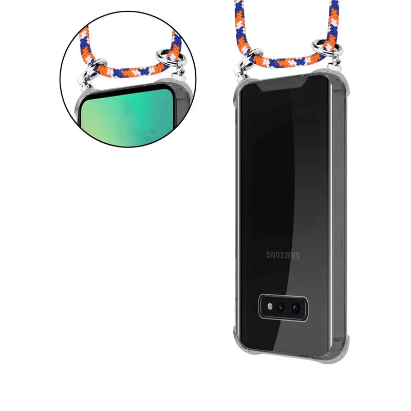 Cadorabo Handy Kette kompatibel mit Samsung Galaxy S10e Silikon Schutzhülle mit Silbernen Ringen, Kordel Band und abnehmbarem Etui