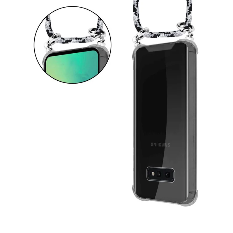 Cadorabo Handy Kette kompatibel mit Samsung Galaxy S10e Silikon Schutzhülle mit Silbernen Ringen, Kordel Band und abnehmbarem Etui