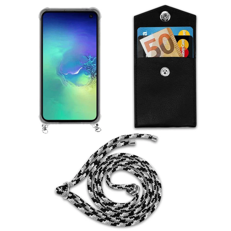 Cadorabo Handy Kette kompatibel mit Samsung Galaxy S10e Silikon Schutzhülle mit Silbernen Ringen, Kordel Band und abnehmbarem Etui