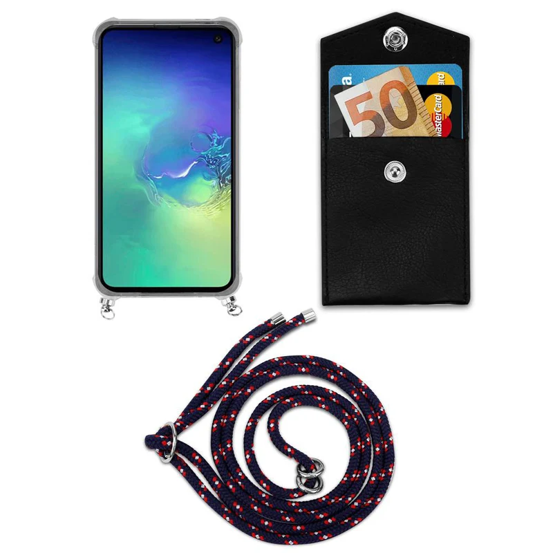 Cadorabo Handy Kette kompatibel mit Samsung Galaxy S10e Silikon Schutzhülle mit Silbernen Ringen, Kordel Band und abnehmbarem Etui