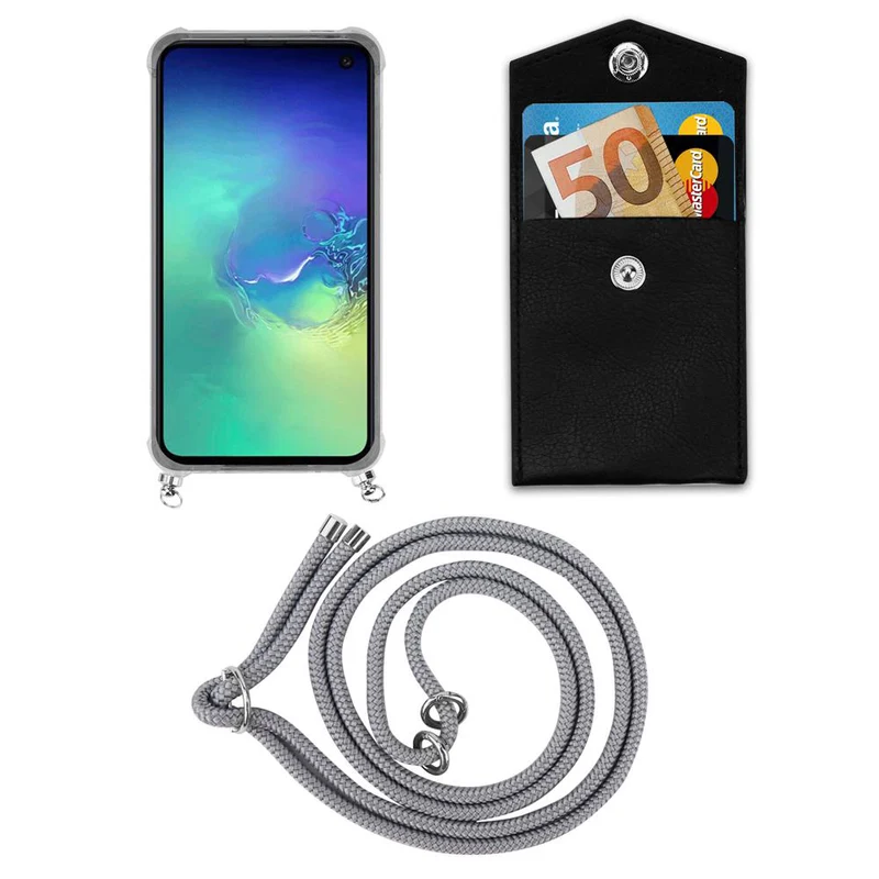 Cadorabo Handy Kette kompatibel mit Samsung Galaxy S10e Silikon Schutzhülle mit Silbernen Ringen, Kordel Band und abnehmbarem Etui