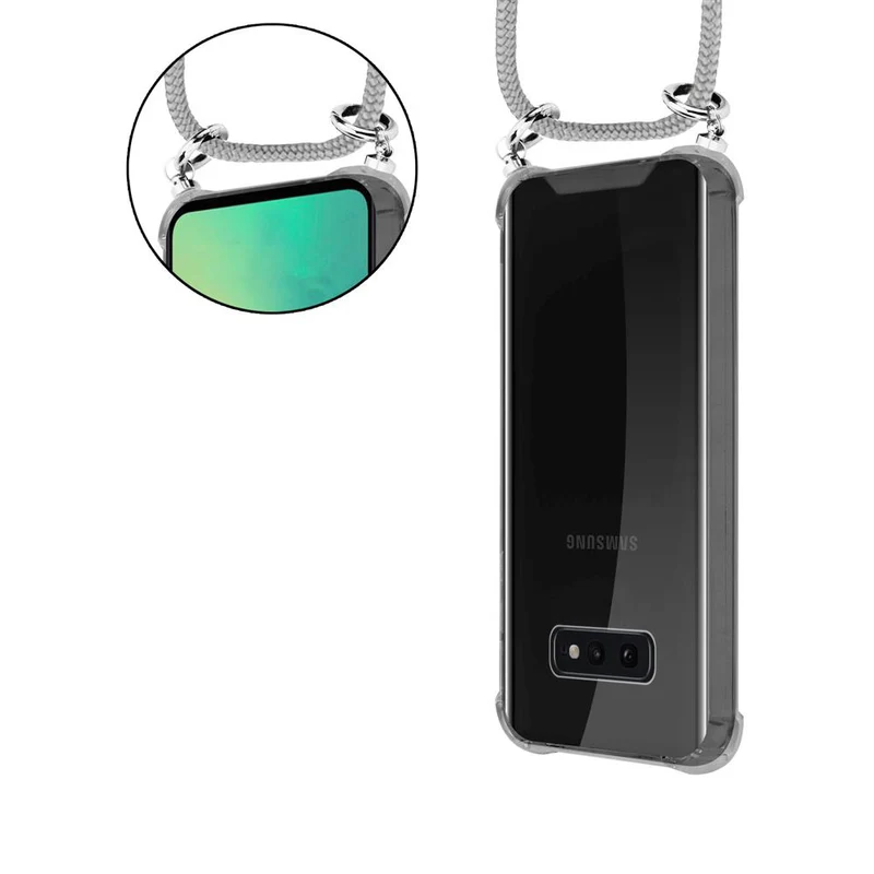 Cadorabo Handy Kette kompatibel mit Samsung Galaxy S10e Silikon Schutzhülle mit Silbernen Ringen, Kordel Band und abnehmbarem Etui