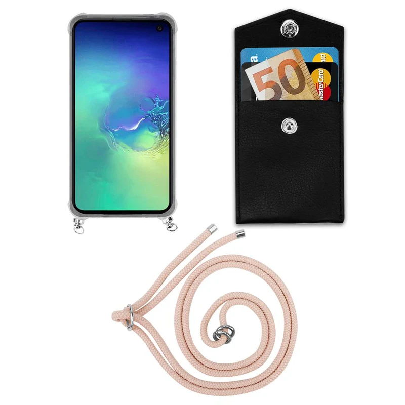 Cadorabo Handy Kette kompatibel mit Samsung Galaxy S10e Silikon Schutzhülle mit Silbernen Ringen, Kordel Band und abnehmbarem Etui