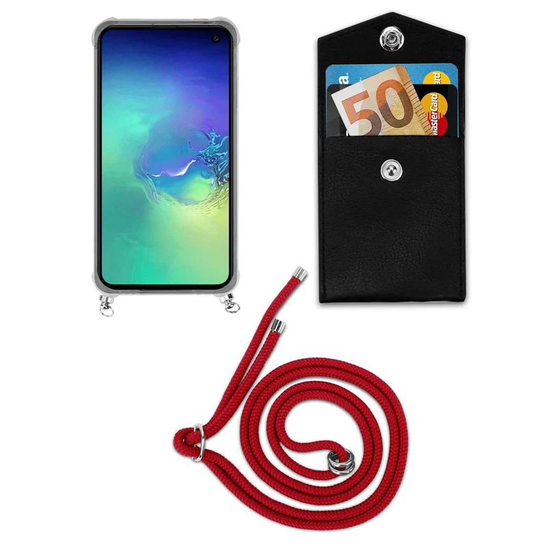 Cadorabo Handy Kette kompatibel mit Samsung Galaxy S10e Silikon Schutzhülle mit Silbernen Ringen, Kordel Band und abnehmbarem Etui