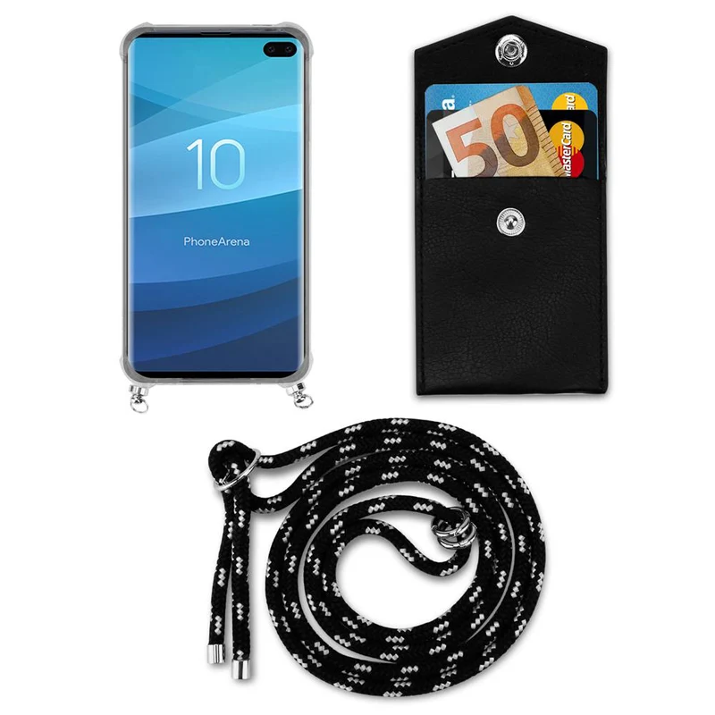Cadorabo Handy Kette kompatibel mit Samsung Galaxy S10 PLUS Silikon Schutzhülle mit Silbernen Ringen, Kordel Band und abnehmbarem Etui
