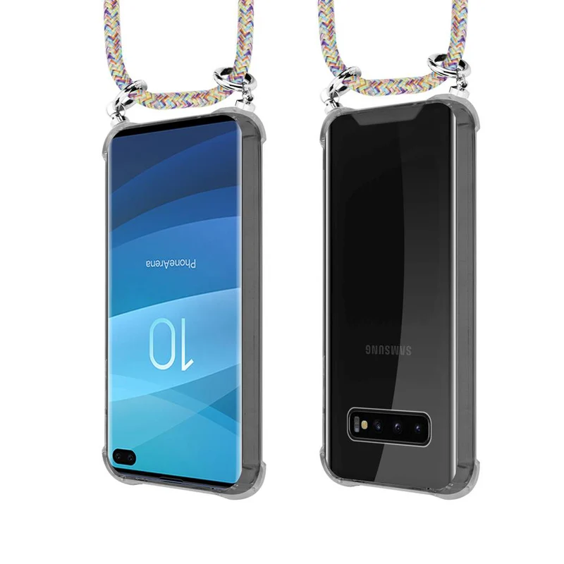 Cadorabo Handy Kette kompatibel mit Samsung Galaxy S10 PLUS Silikon Schutzhülle mit Silbernen Ringen, Kordel Band und abnehmbarem Etui