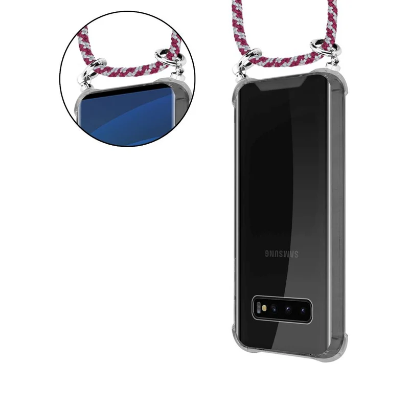 Cadorabo Handy Kette kompatibel mit Samsung Galaxy S10 PLUS Silikon Schutzhülle mit Silbernen Ringen, Kordel Band und abnehmbarem Etui