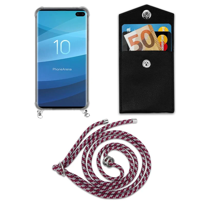 Cadorabo Handy Kette kompatibel mit Samsung Galaxy S10 PLUS Silikon Schutzhülle mit Silbernen Ringen, Kordel Band und abnehmbarem Etui