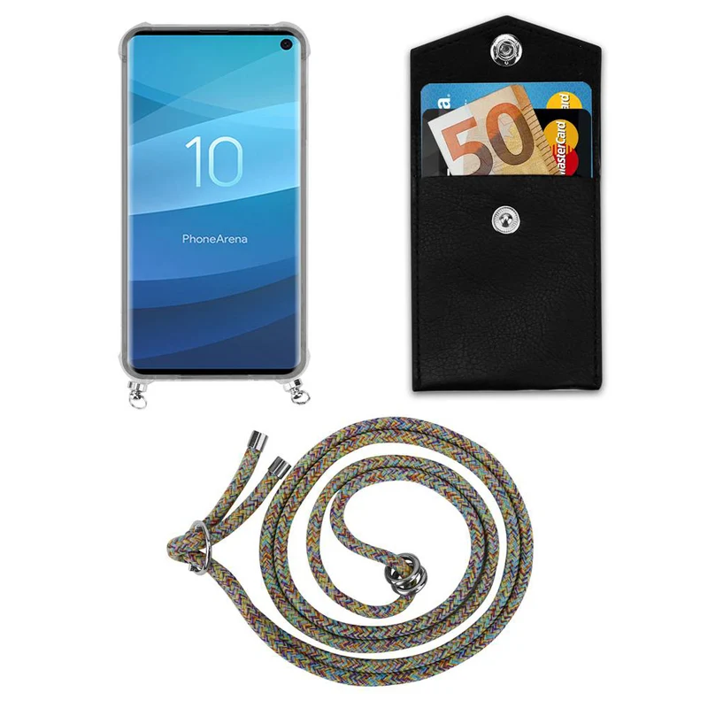 Cadorabo Handy Kette kompatibel mit Samsung Galaxy S10 4G Silikon Schutzhülle mit Silbernen Ringen, Kordel Band und abnehmbarem Etui