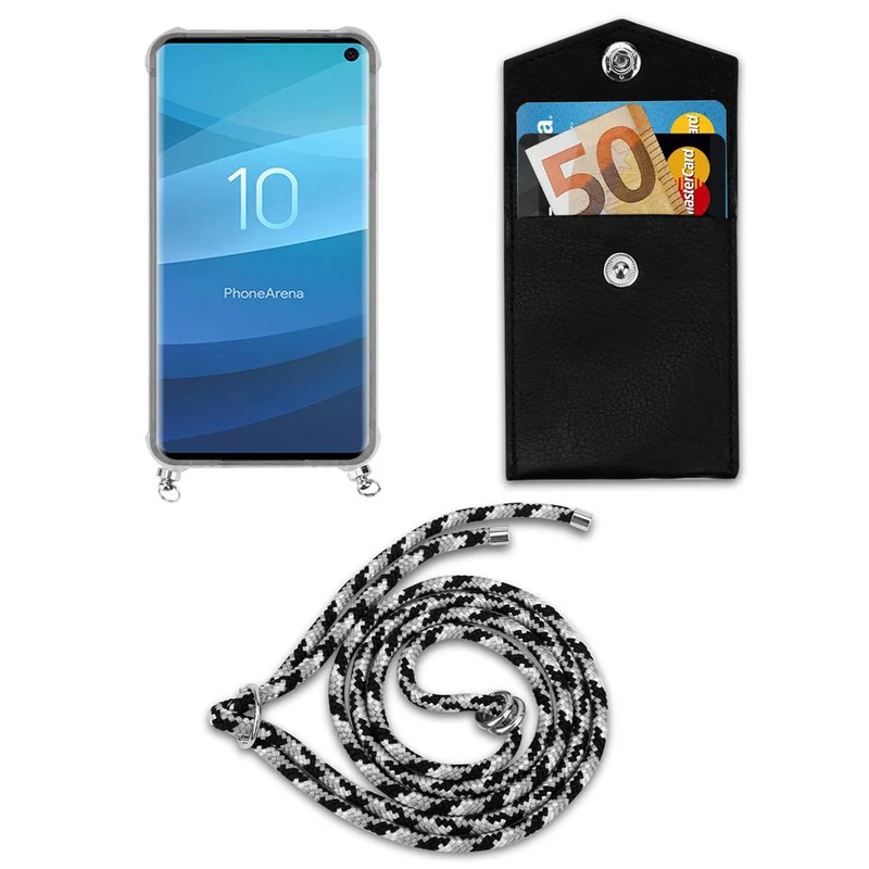 Cadorabo Handy Kette kompatibel mit Samsung Galaxy S10 4G Silikon Schutzhülle mit Silbernen Ringen, Kordel Band und abnehmbarem Etui