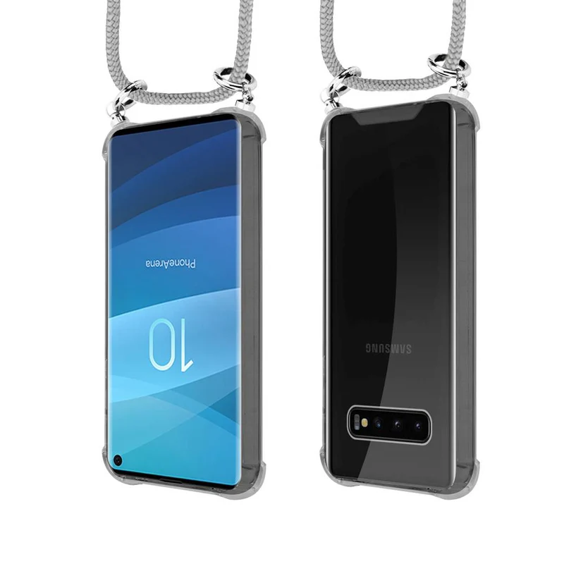 Cadorabo Handy Kette kompatibel mit Samsung Galaxy S10 4G Silikon Schutzhülle mit Silbernen Ringen, Kordel Band und abnehmbarem Etui