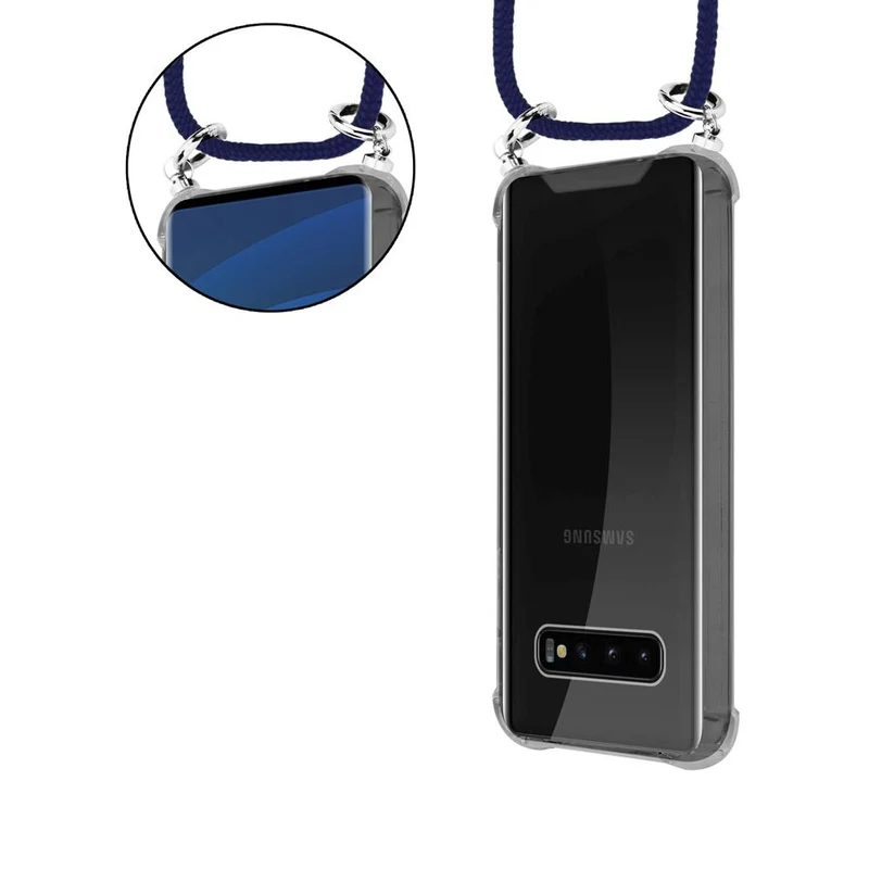 Cadorabo Handy Kette kompatibel mit Samsung Galaxy S10 4G Silikon Schutzhülle mit Silbernen Ringen, Kordel Band und abnehmbarem Etui