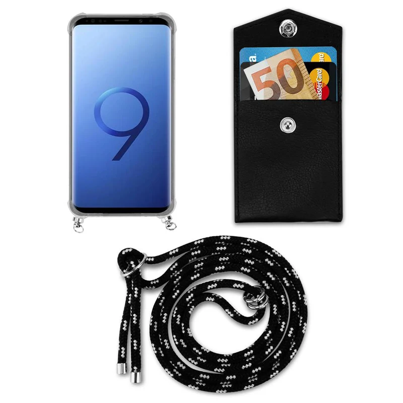 Cadorabo Handy Kette kompatibel mit Samsung Galaxy S9 PLUS Silikon Schutzhülle mit Silbernen Ringen, Kordel Band und abnehmbarem Etui