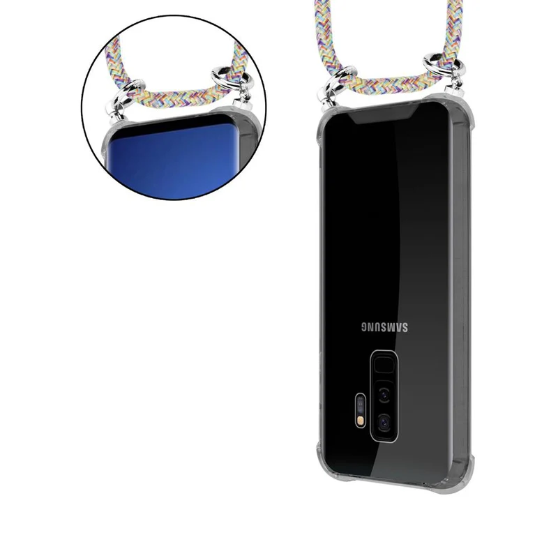 Cadorabo Handy Kette kompatibel mit Samsung Galaxy S9 PLUS Silikon Schutzhülle mit Silbernen Ringen, Kordel Band und abnehmbarem Etui