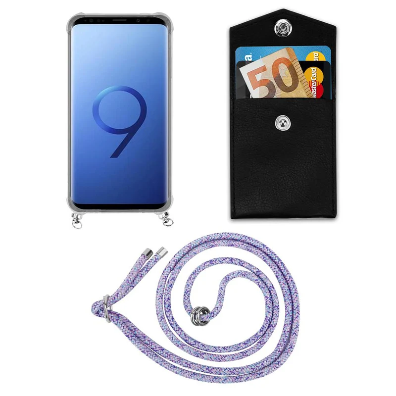 Cadorabo Handy Kette kompatibel mit Samsung Galaxy S9 PLUS Silikon Schutzhülle mit Silbernen Ringen, Kordel Band und abnehmbarem Etui