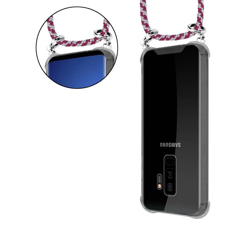 Cadorabo Handy Kette kompatibel mit Samsung Galaxy S9 PLUS Silikon Schutzhülle mit Silbernen Ringen, Kordel Band und abnehmbarem Etui
