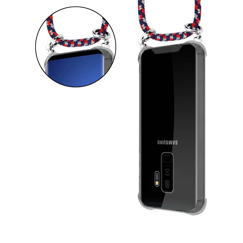 Cadorabo Handy Kette kompatibel mit Samsung Galaxy S9 PLUS Silikon Schutzhülle mit Silbernen Ringen, Kordel Band und abnehmbarem Etui