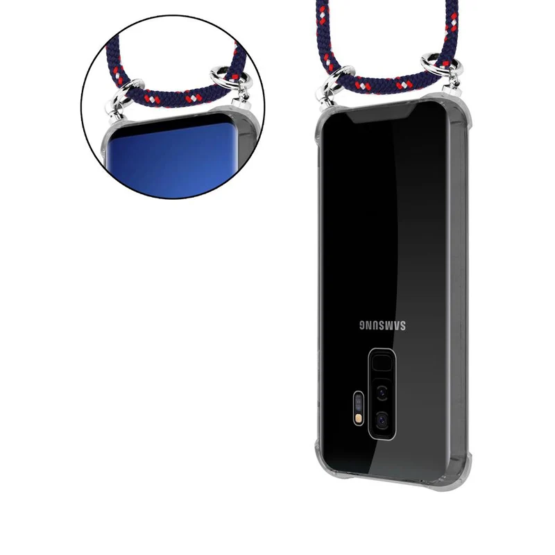 Cadorabo Handy Kette kompatibel mit Samsung Galaxy S9 PLUS Silikon Schutzhülle mit Silbernen Ringen, Kordel Band und abnehmbarem Etui