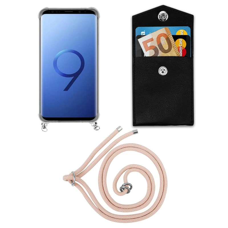 Cadorabo Handy Kette kompatibel mit Samsung Galaxy S9 PLUS Silikon Schutzhülle mit Silbernen Ringen, Kordel Band und abnehmbarem Etui