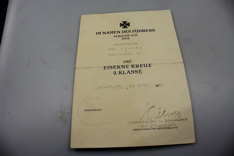 Eisernes Kreuz 2. Klasse Urkunde