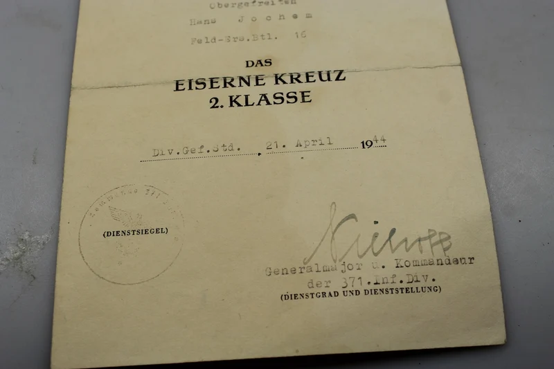 Eisernes Kreuz 2. Klasse Urkunde