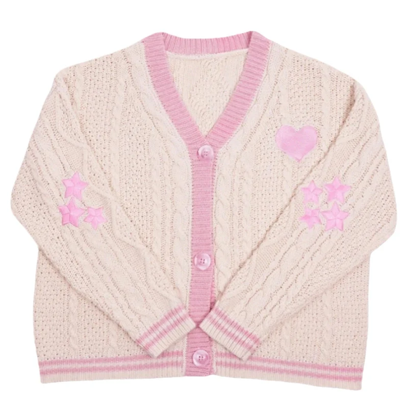Damen nan gestrickte Cardigan mit Zopfmuster V-Ausschnitt und Herz- und Sternapplikationen Drune