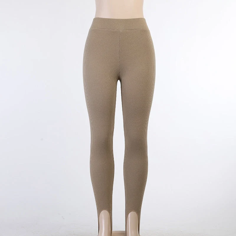 Damen nan figurschmeichelnde Rippstrick-Leggings mit Fußschlaufe und hoher Bundkompression Drune