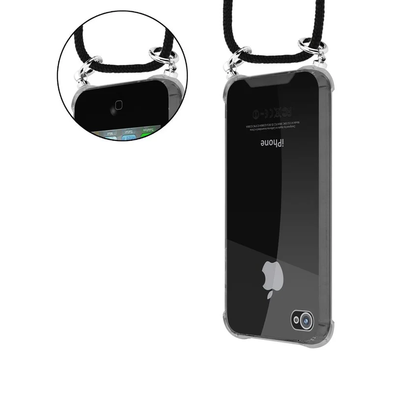 Cadorabo Handy Kette kompatibel mit Apple iPhone 4 / 4S Silikon Schutzhülle mit Silbernen Ringen, Kordel Band und abnehmbarem Etui