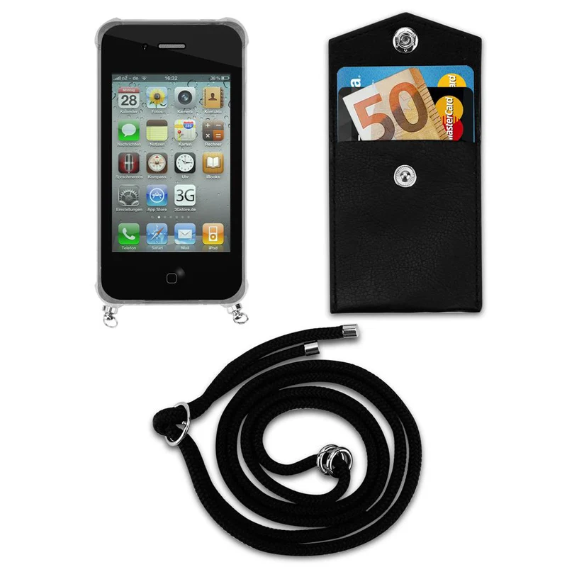 Cadorabo Handy Kette kompatibel mit Apple iPhone 4 / 4S Silikon Schutzhülle mit Silbernen Ringen, Kordel Band und abnehmbarem Etui