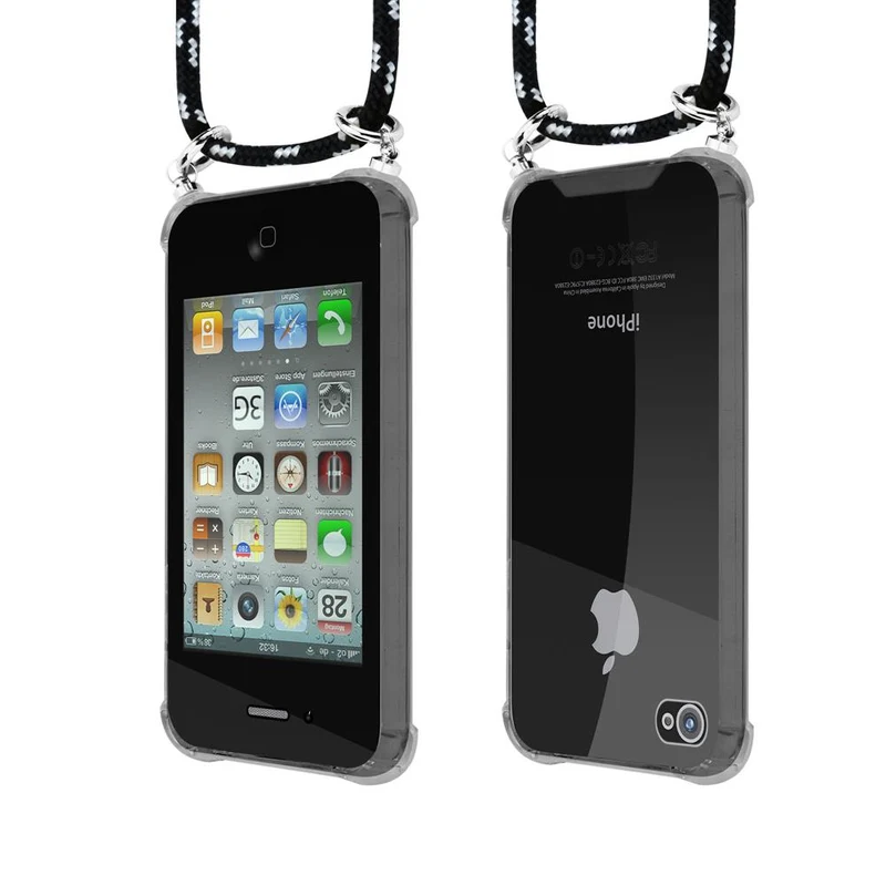 Cadorabo Handy Kette kompatibel mit Apple iPhone 4 / 4S Silikon Schutzhülle mit Silbernen Ringen, Kordel Band und abnehmbarem Etui
