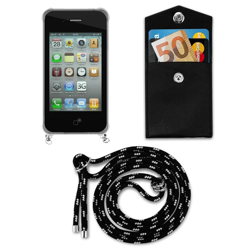 Cadorabo Handy Kette kompatibel mit Apple iPhone 4 / 4S Silikon Schutzhülle mit Silbernen Ringen, Kordel Band und abnehmbarem Etui