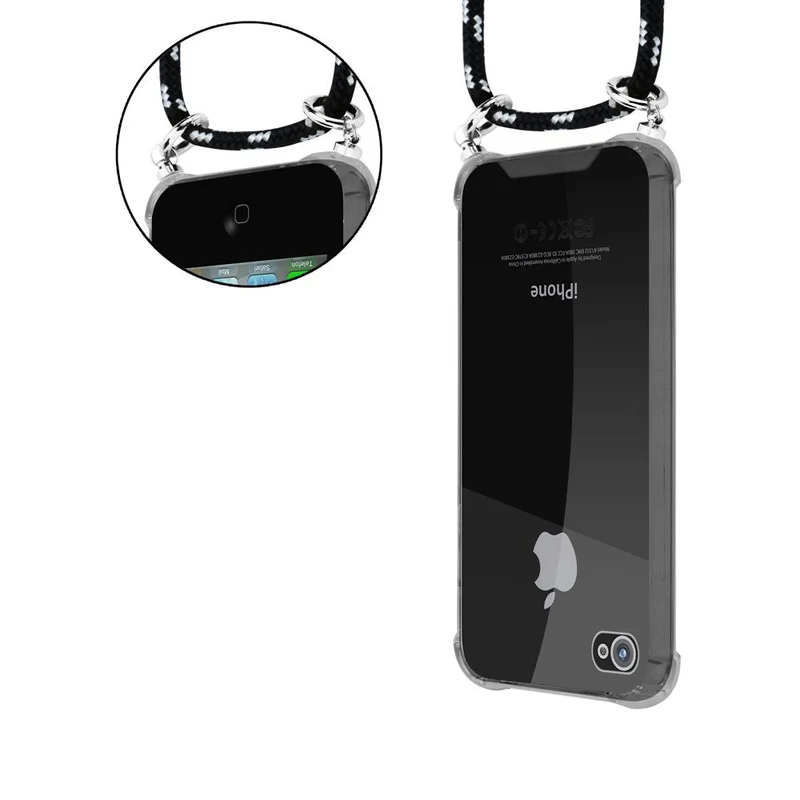 Cadorabo Handy Kette kompatibel mit Apple iPhone 4 / 4S Silikon Schutzhülle mit Silbernen Ringen, Kordel Band und abnehmbarem Etui