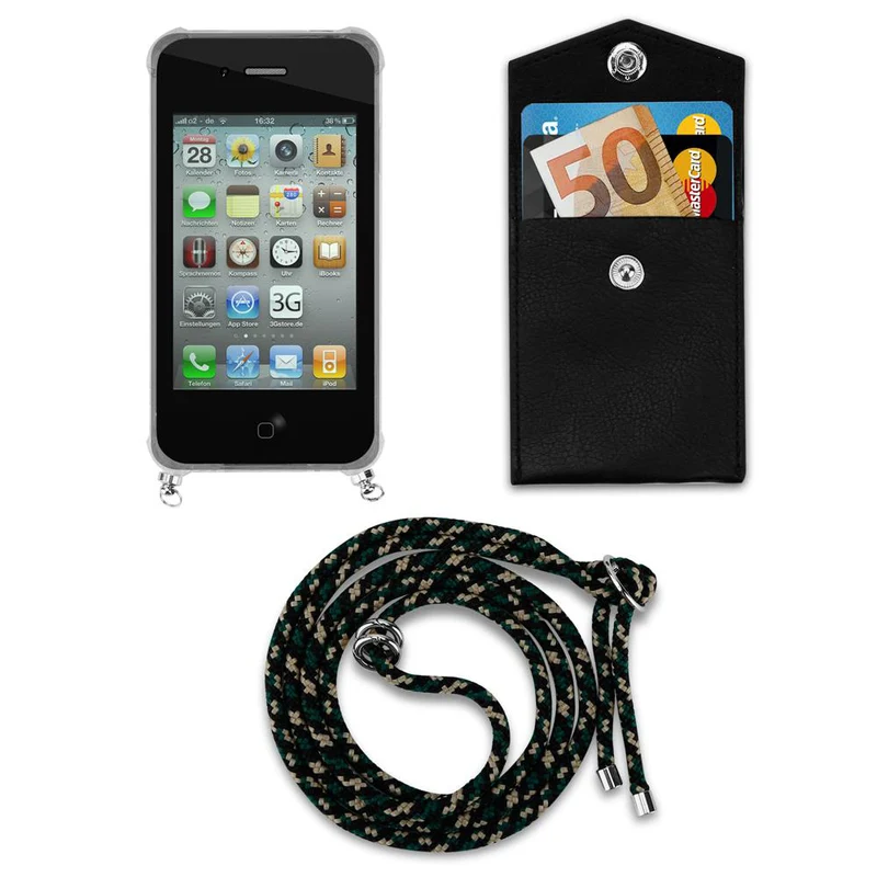 Cadorabo Handy Kette kompatibel mit Apple iPhone 4 / 4S Silikon Schutzhülle mit Silbernen Ringen, Kordel Band und abnehmbarem Etui