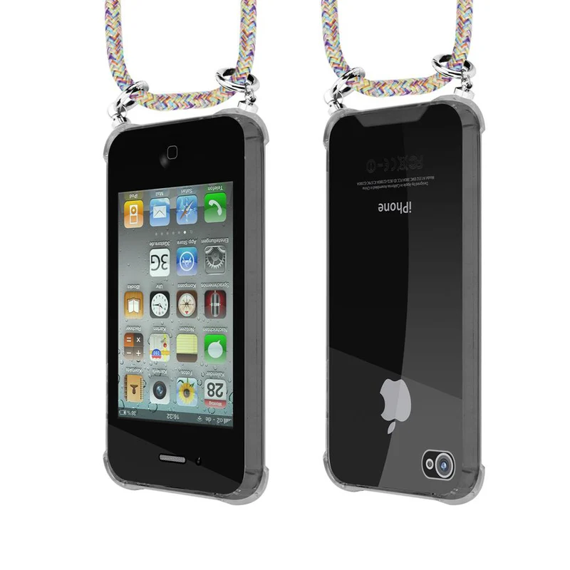 Cadorabo Handy Kette kompatibel mit Apple iPhone 4 / 4S Silikon Schutzhülle mit Silbernen Ringen, Kordel Band und abnehmbarem Etui