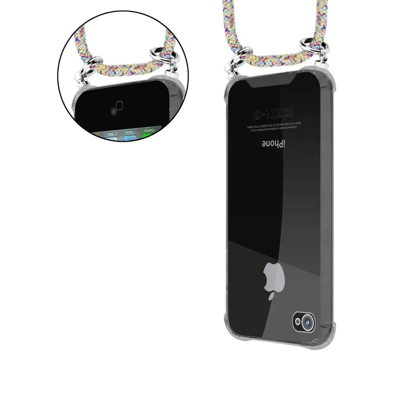 Cadorabo Handy Kette kompatibel mit Apple iPhone 4 / 4S Silikon Schutzhülle mit Silbernen Ringen, Kordel Band und abnehmbarem Etui