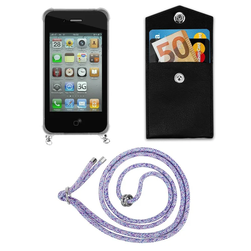 Cadorabo Handy Kette kompatibel mit Apple iPhone 4 / 4S Silikon Schutzhülle mit Silbernen Ringen, Kordel Band und abnehmbarem Etui