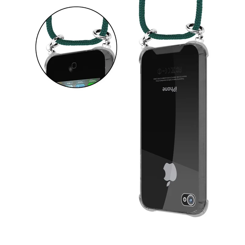 Cadorabo Handy Kette kompatibel mit Apple iPhone 4 / 4S Silikon Schutzhülle mit Silbernen Ringen, Kordel Band und abnehmbarem Etui