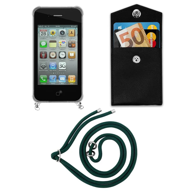 Cadorabo Handy Kette kompatibel mit Apple iPhone 4 / 4S Silikon Schutzhülle mit Silbernen Ringen, Kordel Band und abnehmbarem Etui