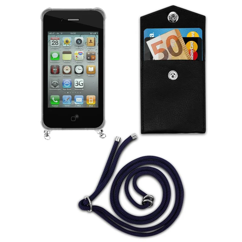 Cadorabo Handy Kette kompatibel mit Apple iPhone 4 / 4S Silikon Schutzhülle mit Silbernen Ringen, Kordel Band und abnehmbarem Etui
