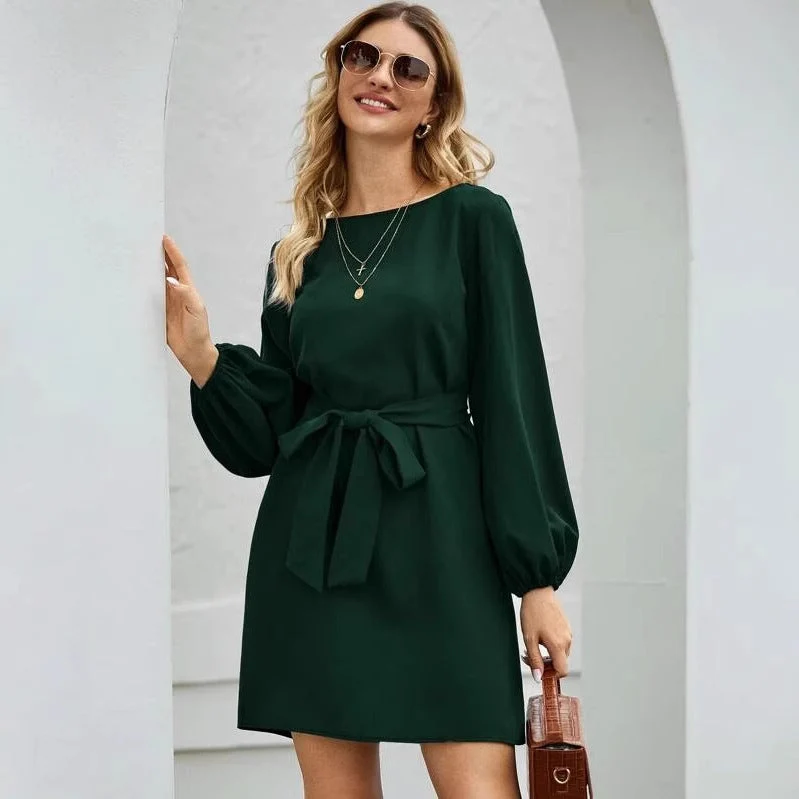 Damen nan elegantes Etuikleid mit Ballonärmeln und Taillengürtel Drune