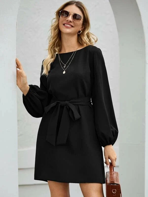 Damen nan elegantes Etuikleid mit Ballonärmeln und Taillengürtel Drune