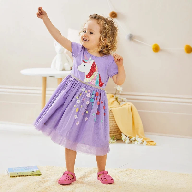 Mädchen Tüllkleid mit bunten Einhorn- und Blumenapplikationen Drune