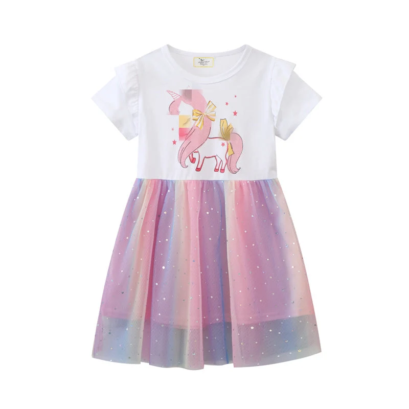 Mädchen Tüllkleid mit Einhorn-Applikation und buntem Glitzertüll Drune