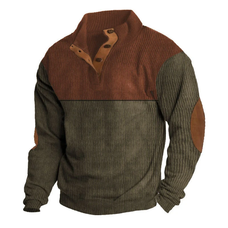 Herren nan strukturiertes Rugby-Pullover mit Stehkragen, Knopfleiste und Leder-Ellenbogenpatches Drune