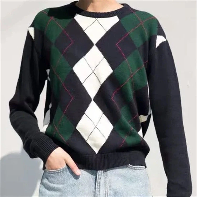 Damen nan Argyle Strickpullover mit Rundhalsausschnitt und geripptem Bund Drune
