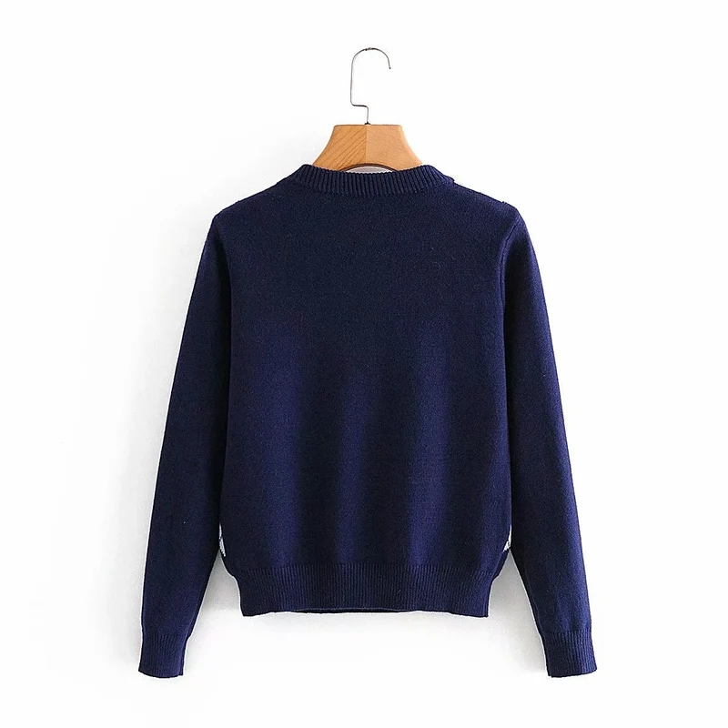 Damen nan Argyle Strickpullover mit Rundhalsausschnitt und geripptem Bund Drune