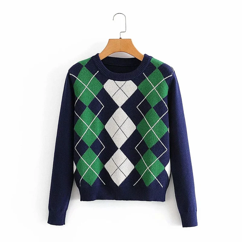 Damen nan Argyle Strickpullover mit Rundhalsausschnitt und geripptem Bund Drune