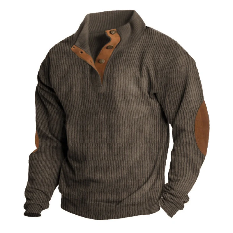 Herren nan rustikaler gerippter Pullover mit Henley-Kragen und lederartigen Ellbogenbesätzen Drune